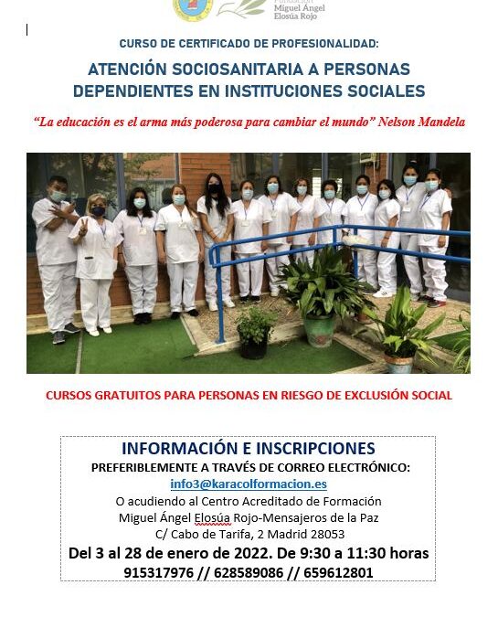 Curso de Certificado de Profesionalidad  ATENCIÓN SOCIOSANITARIA A PERSONAS DEPENDIENTES EN INSTITUCIONES SOCIALES (SSCS0208)