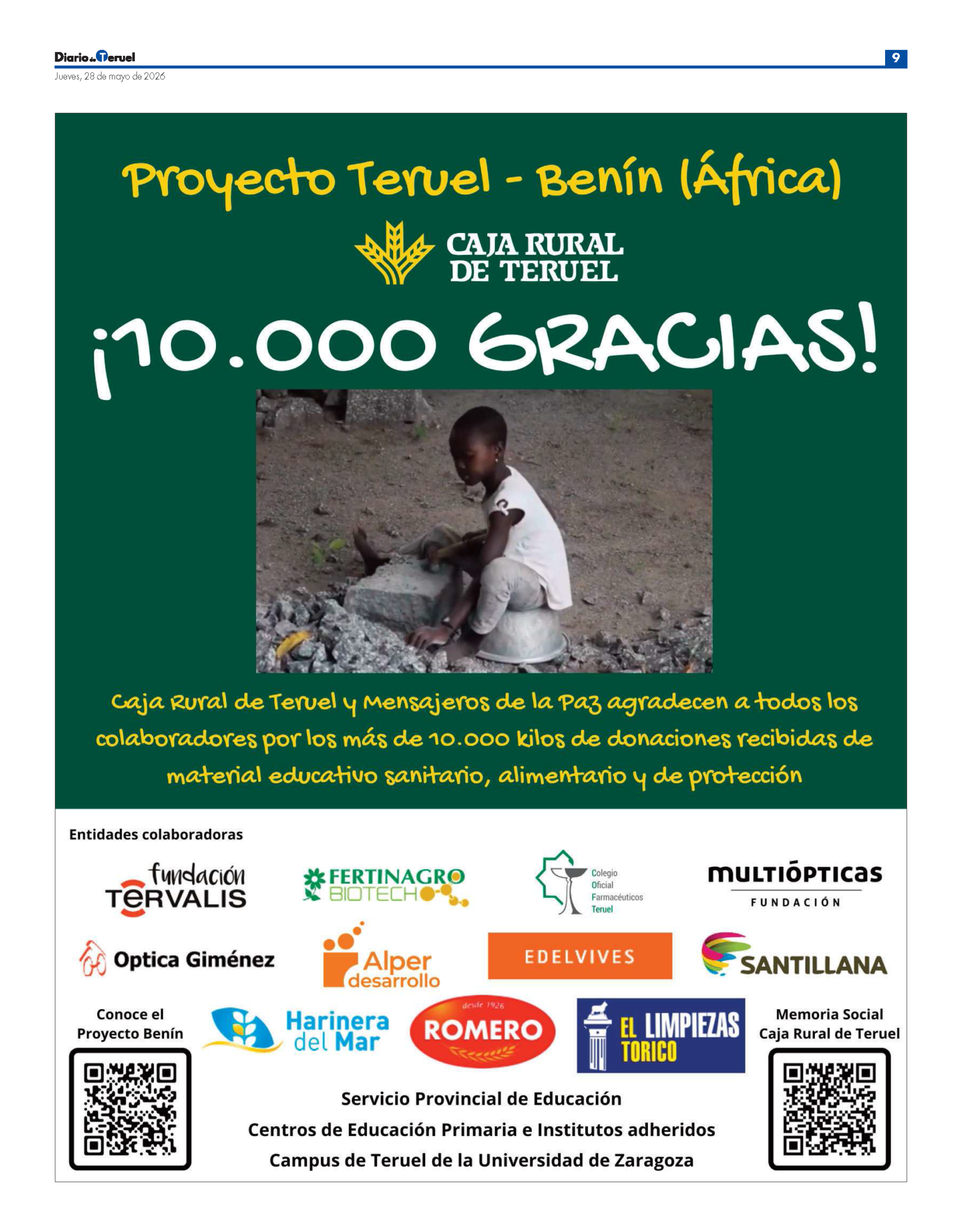 Agradecimiento a la iniciativa solidaria de Caja rural con Mensajeros de la Paz por la recogida de más de 10 toneladas de ayuda humanitaria